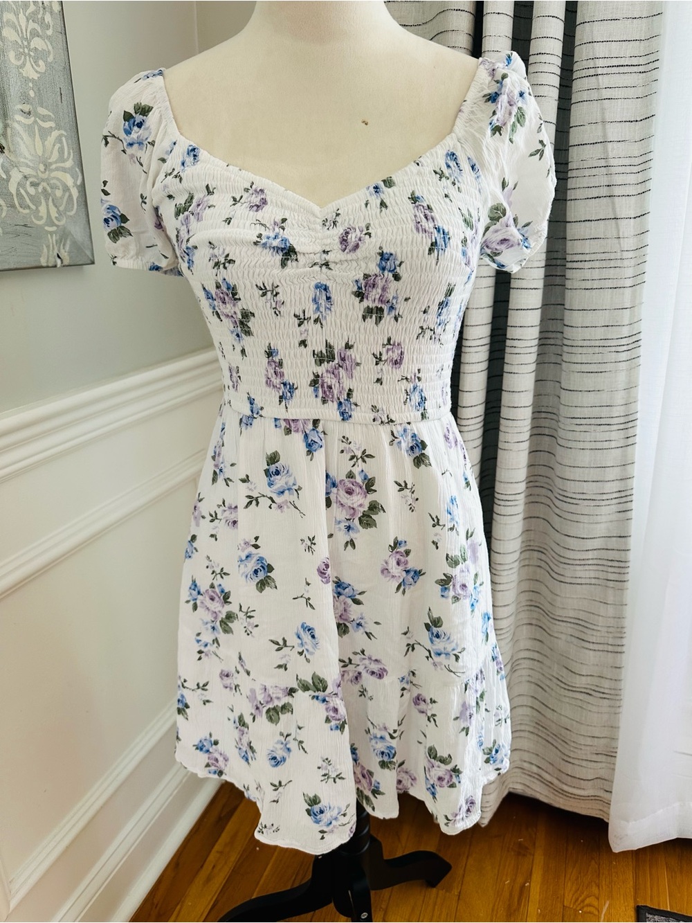 Hollister Womens Blue & Purple Floral Smocked Mini Dress Sz S